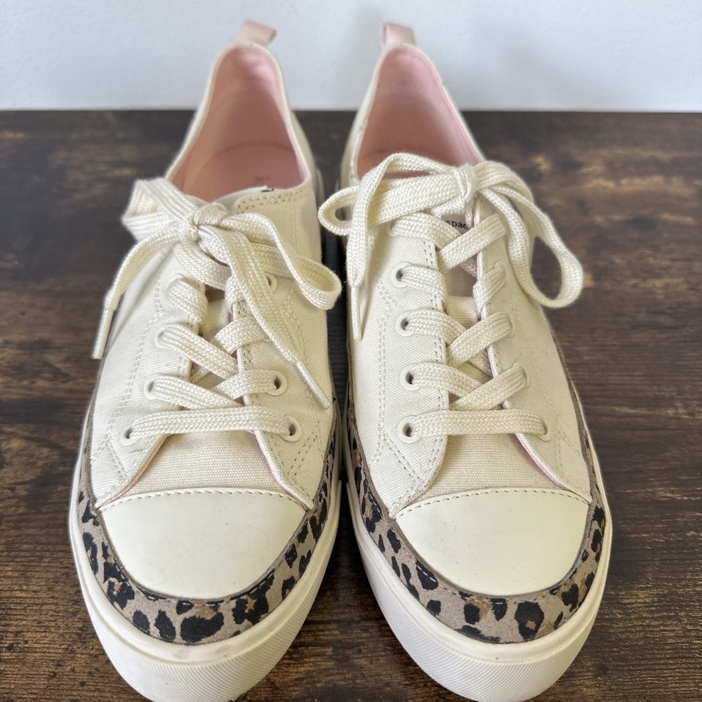 Kate Spade‎ Kaia Sneakers Cream Canvas Leopard Trim Lace Up Shoes Women's Sz 9.5